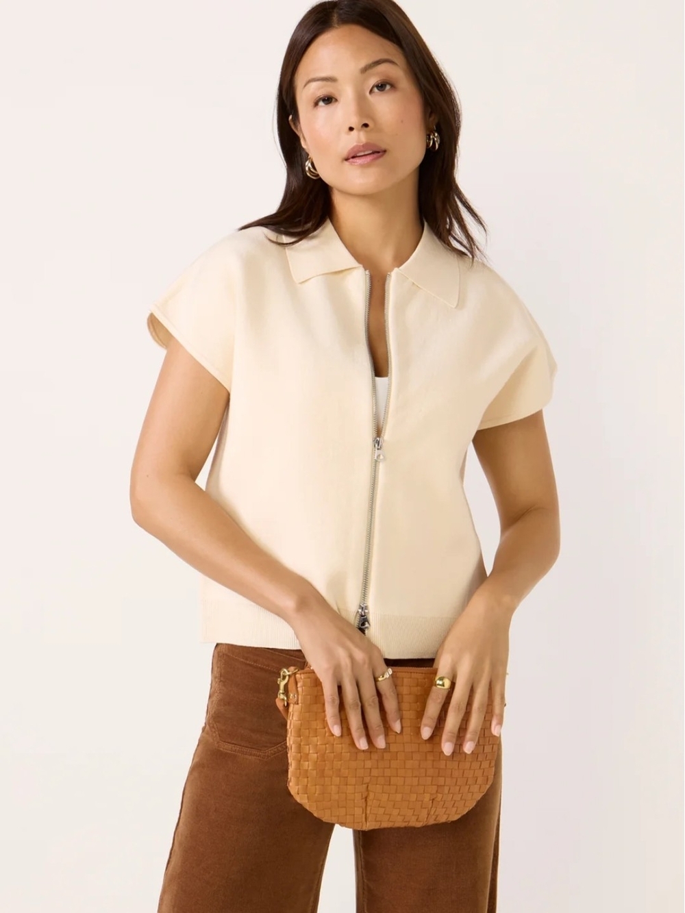 **Sold Out** Evereve Melissa Nepton Cream Short-Sleeve Zip Front Top Small NWT